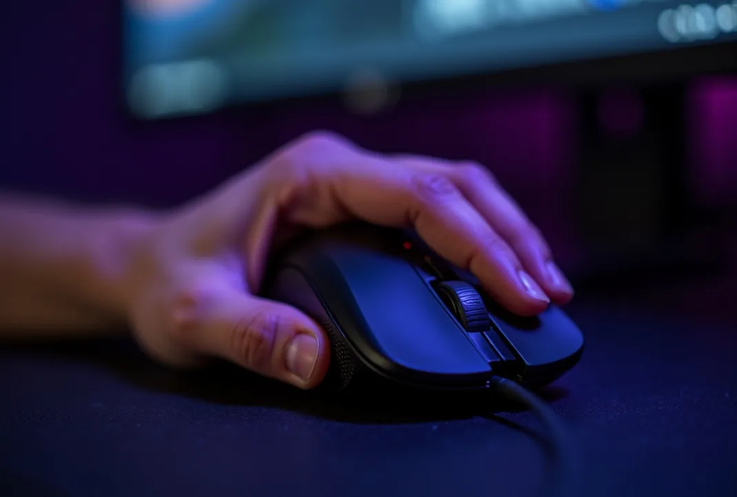 Vertical ergonomic mouse held in a relaxed handshake grip with forearm muscles visibly relaxed