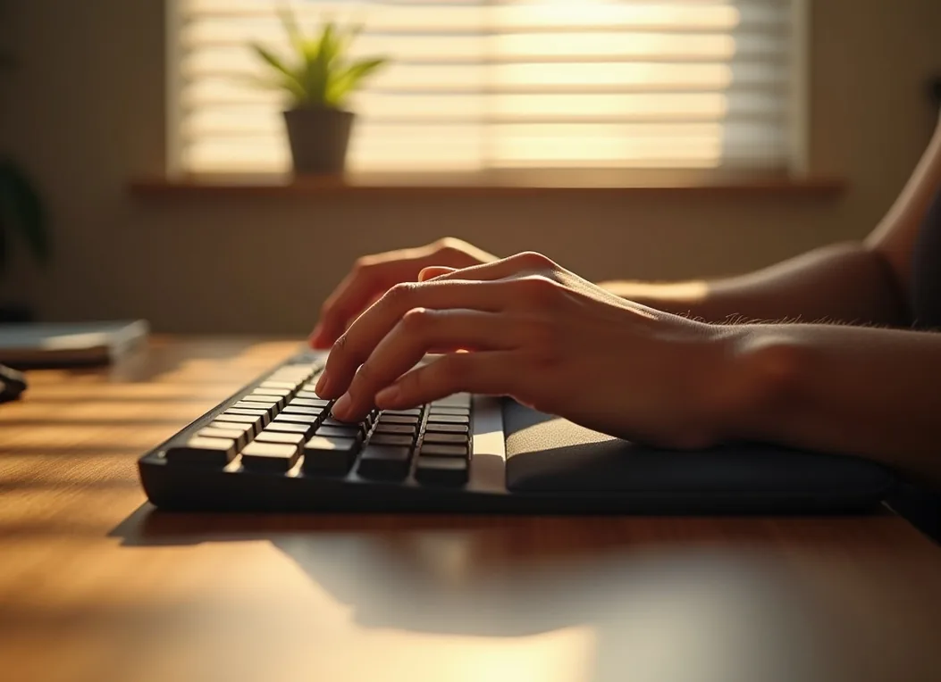 Hands resting on a soft gel wrist rest in front of a mechanical keyboard in warm morning sunlight