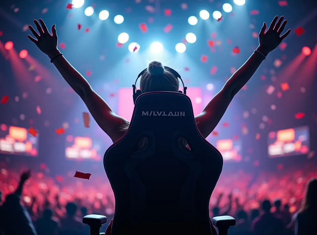 Female esports athlete mid-victory celebration rising from her ergonomic gaming chair
