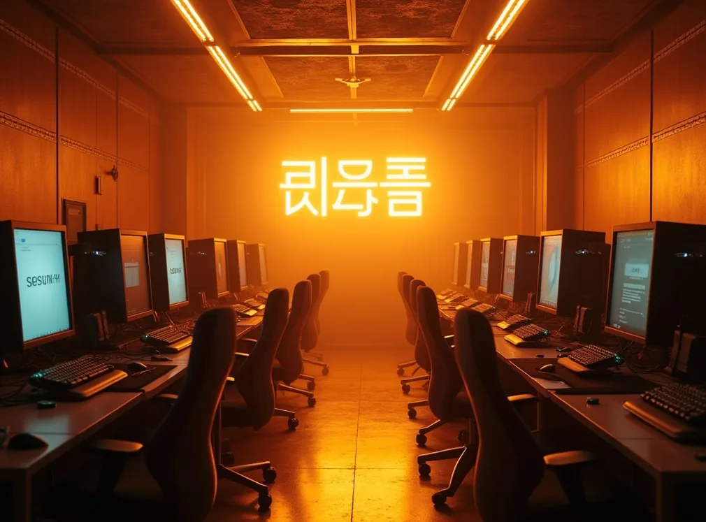 Korean PC bang interior at golden hour with rows of stations and one ergonomic upgrade visible