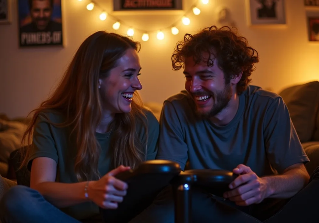 Two friends unboxing an ergonomic footrest in a cozy apartment gaming corner