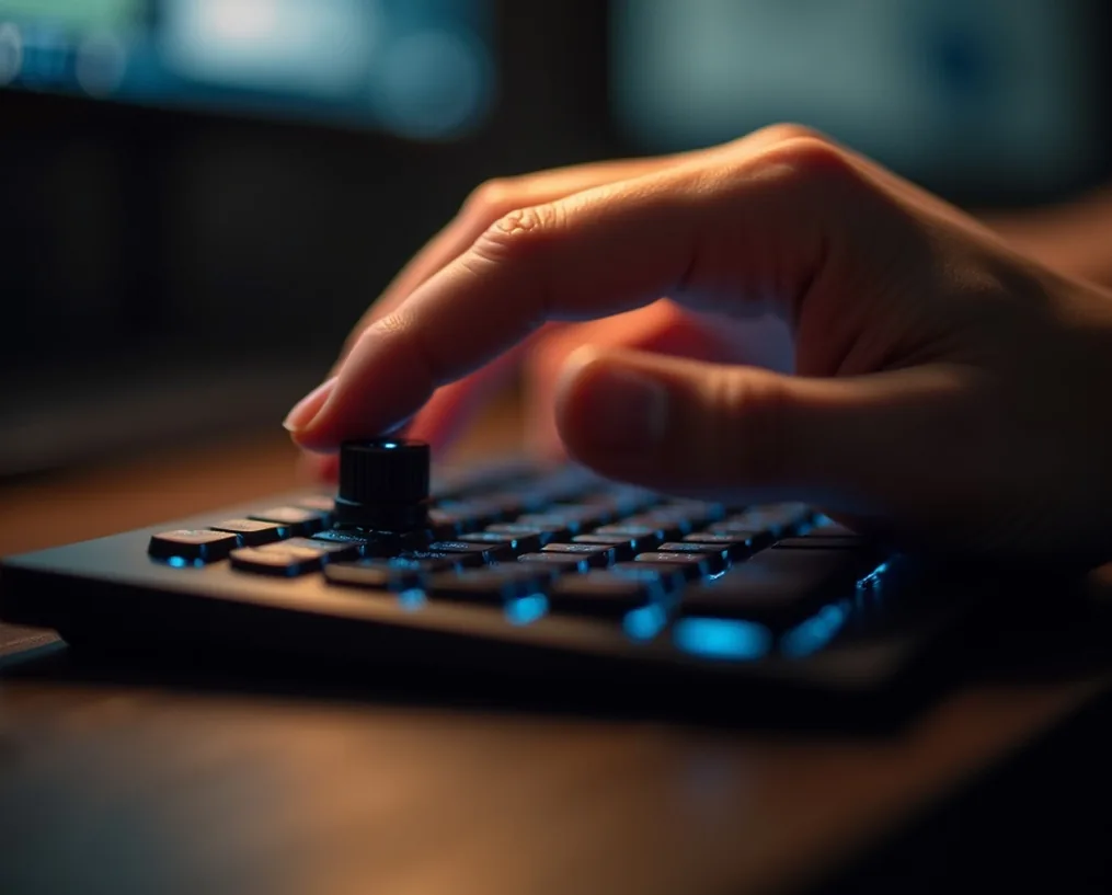 Fingers adjusting a knob on a negative-tilt keyboard tray under a desk with soft lamp lighting
