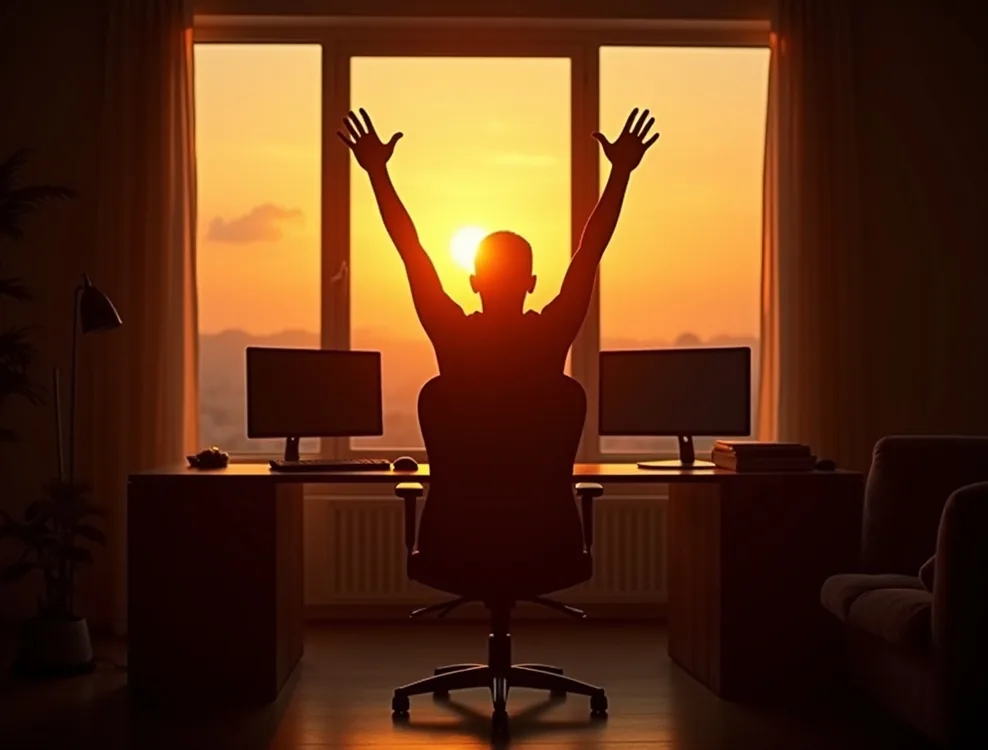 Silhouette of a gamer stretching arms overhead beside a panoramic window at sunrise