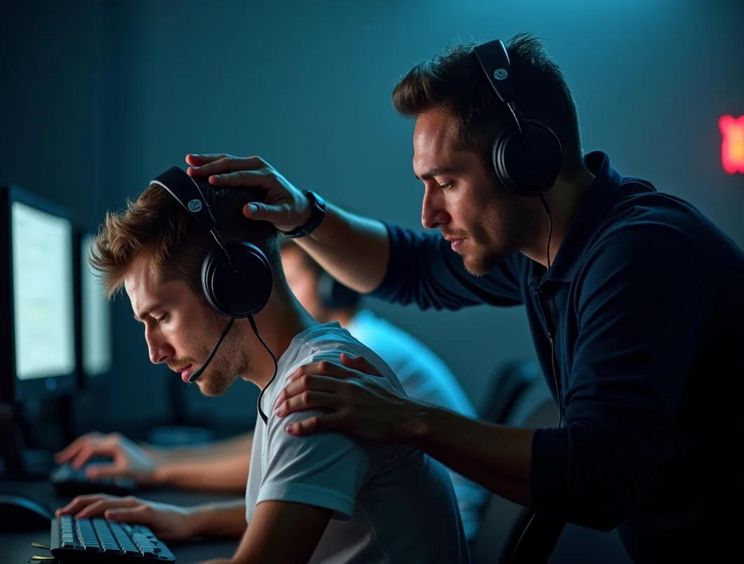 Team coach supporting seated player wearing headset during a tense match break