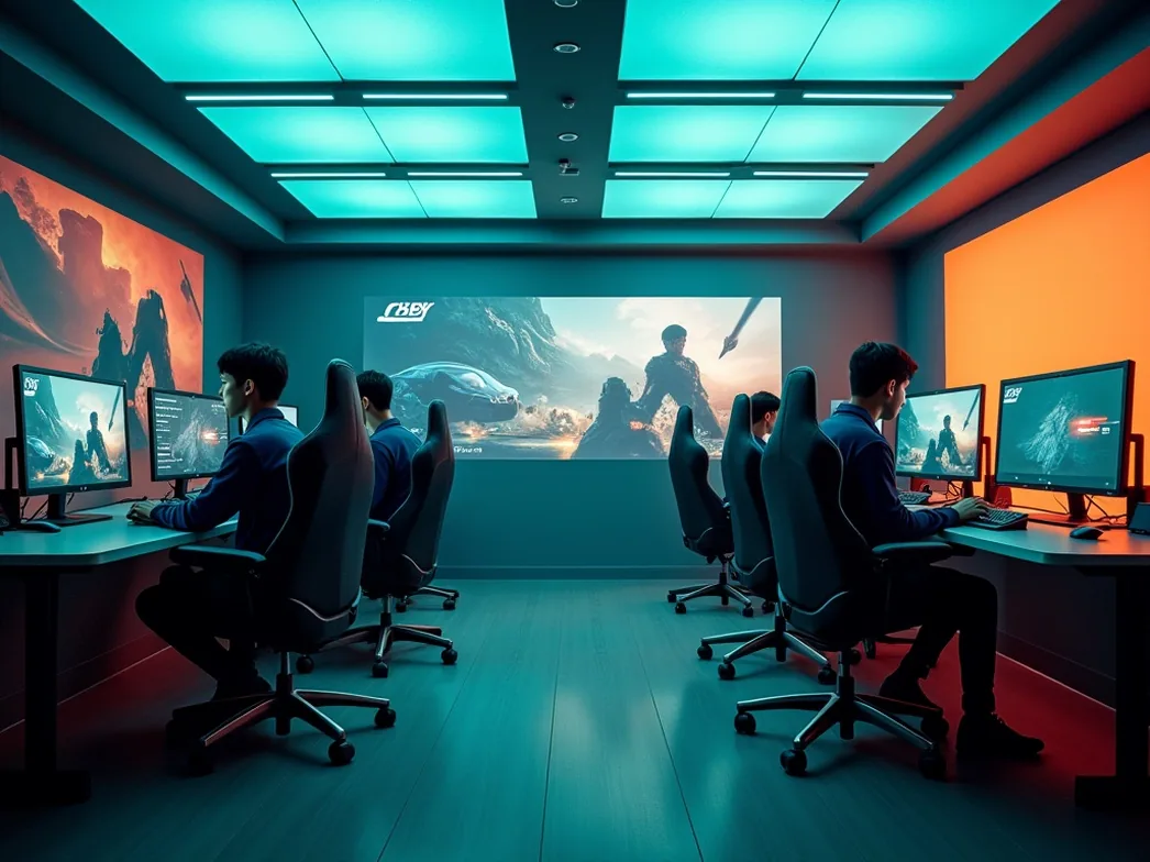 Modern esports team training room in Seoul with five matching ergonomic chairs at curved desks