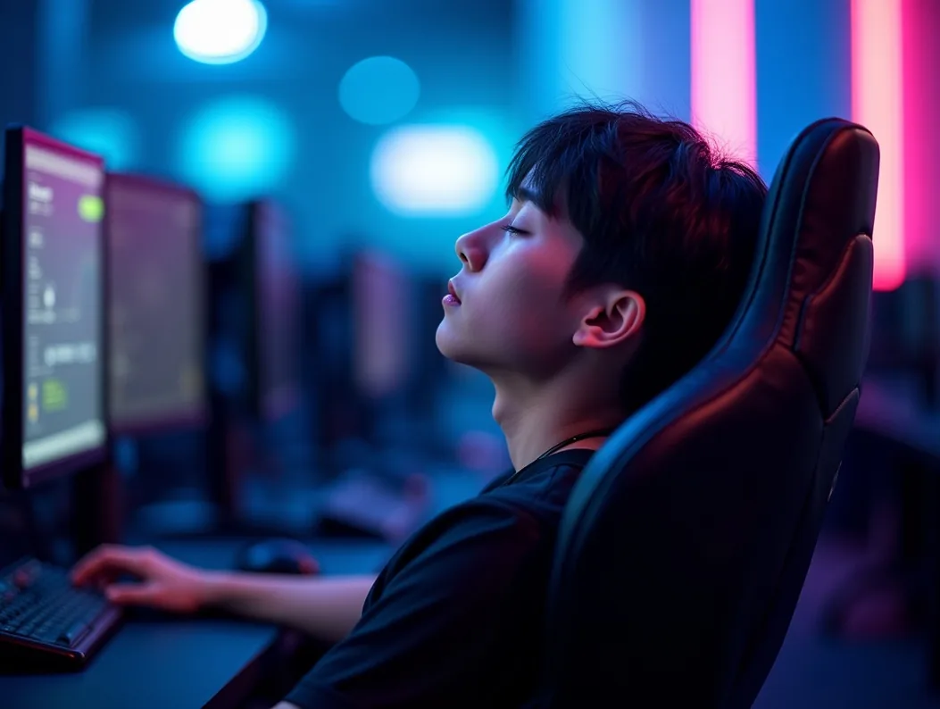 Young Korean esports player leaning back in a high-end ergonomic gaming chair in neon-lit room