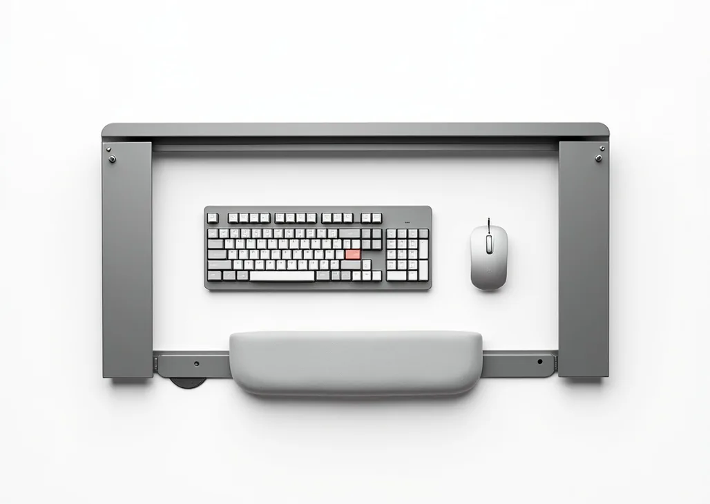 Negative-tilt under-desk keyboard tray system fully assembled showing all components
